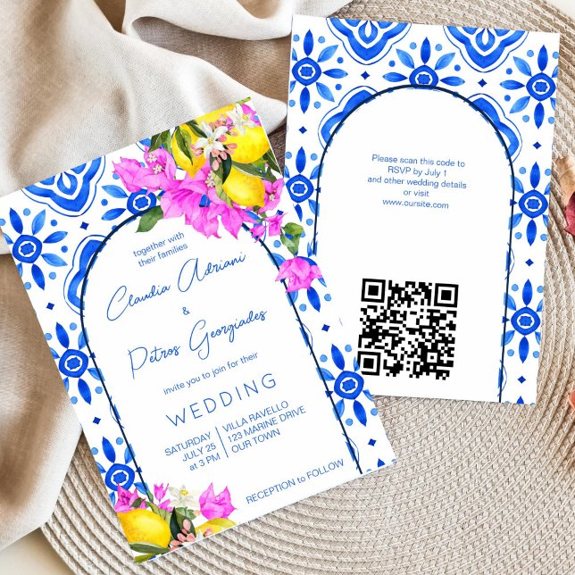 Blue Tiles Bougainvillea lemons elegant bröllop Inbjudningar (Blue tiles lemon bougainvillea Mykonos Santorini Greek Amalfi Mediterranean themed wedding invite )