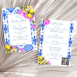 Blue Tiles Bougainvillea lemons elegant bröllop Inbjudningar