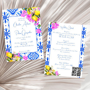 Blue Tiles Bougainvillea lemons elegant bröllop Inbjudningar