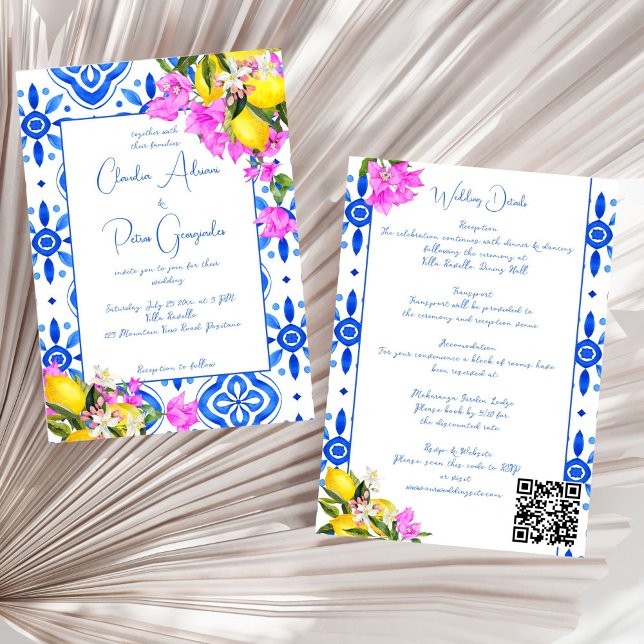 Blue Tiles Bougainvillea lemons elegant bröllop Inbjudningar (Blue Tiles Bougainvillea lemons Mediterranean elegant wedding all in one Invitation template)