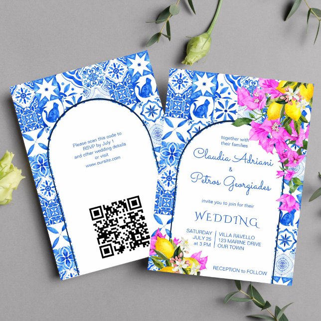 Blue Tiles Bougainvillea lemons elegant bröllop Inbjudningar (Blue tiles bougainvillea lemons Greek Mediterranean themed wedding invitation template instant)