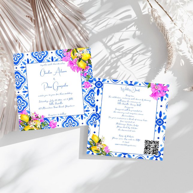 Blue Tiles Bougainvillea lemons elegant bröllop Inbjudningar (Blue Tiles Bougainvillea lemons elegant wedding all in one Invitation template  instant download)