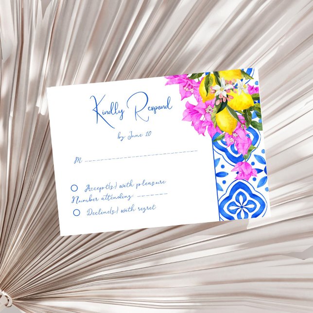 Blue Tiles Bougainvillea lemons elegant bröllop OSA Kort (Blue Tiles Bougainvillea lemons elegant wedding RSVP Card Mediterranean themed white blue pink)