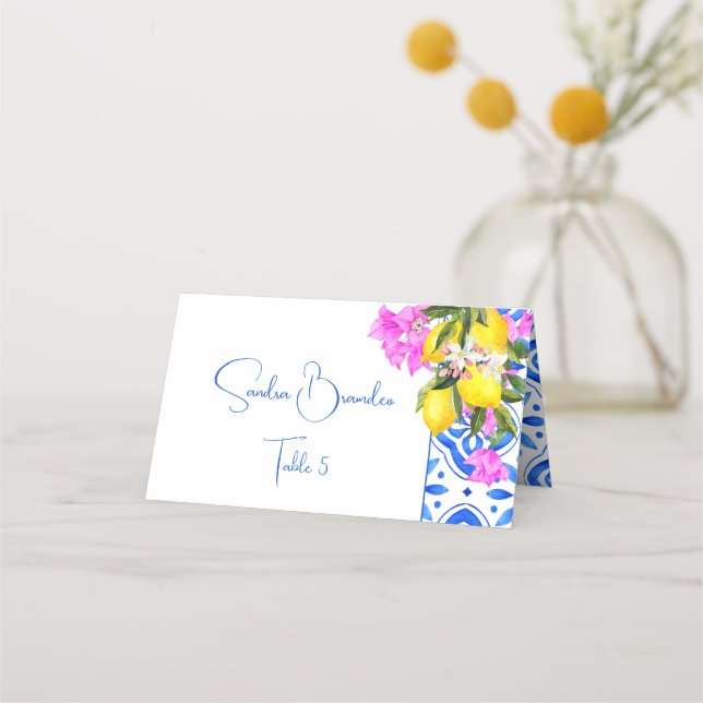 Blue Tiles Bougainvillea lemons elegant bröllop Placeringskort (Framsida)