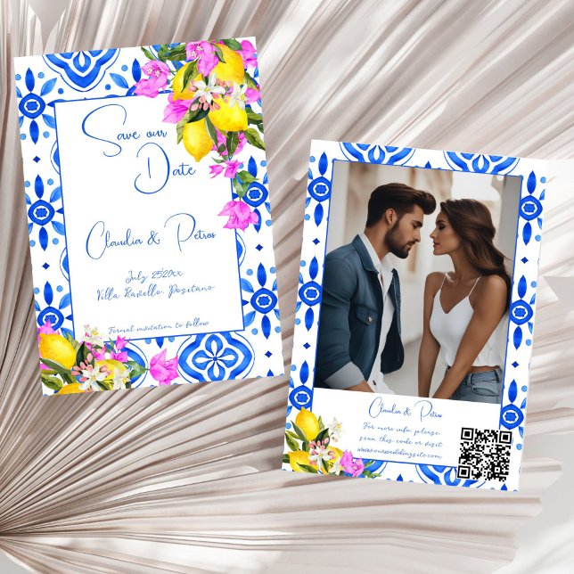 Blue Tiles Bougainvillea lemons elegant bröllop Spara Datumet (Blue Tiles Bougainvillea lemons elegant wedding photo template Save The Date card Mediterranean)