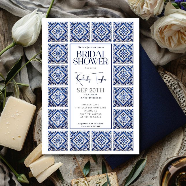 Blue Tiles Italy Mediterranean Möhippa Inbjudningar (Blue Tiles Italian Mediterranean Bridal Shower Invitation)