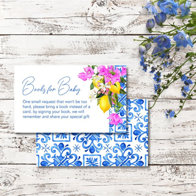 Blue Tiles Lemons Bougainvillea bok begäran Tilläggskort (Blue Tiles Lemons Bougainvillea Italian Mediterranean baby shower book request Enclosure Card)