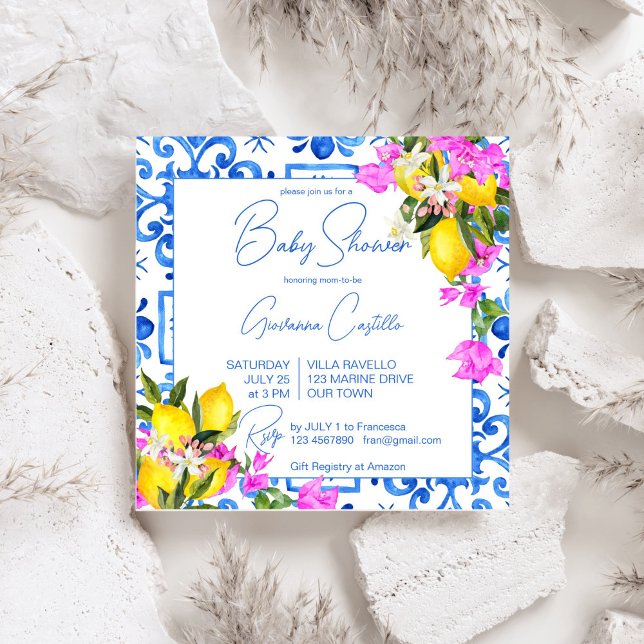 Blue Tiles Lemons Bougainvillea Mediterranean Inbjudningar (Blue Tiles Lemons Bougainvillea Mediterranean Italian Green baby shower Invitation template digital)