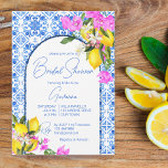 Blue Tiles Lemons Bougainvillea Mediterranean Inbjudningar<br><div class="desc">Blue Tiles Lemons och Bougainvillea elegant Mediterranean Greece Italy Santorini Mykonos temed inbjudningskort för möhippan template Instant template template.</div>