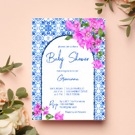 Blue Tiles och Bougainvillea elegant Baby Shower Inbjudningar