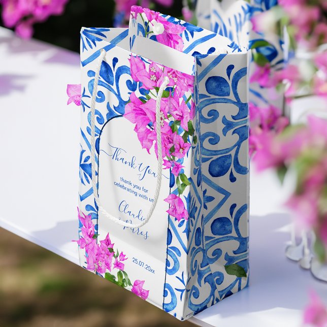 Blue Tiles och Bougainvillea elegant tack. (Blue Tiles and Bougainvillea elegant thank you Small Gift Bag favor bag Mediterranean themed favors)