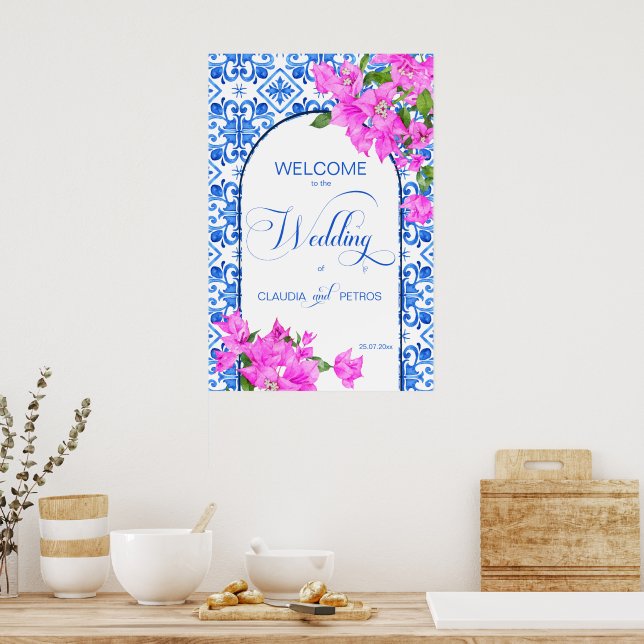 Blue Tiles och Bougainvillea elegants välkomstteck Poster (Kök)