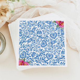 Blue Tiles Rosa Flower Mediterranean Grekiska Part Pappersservett