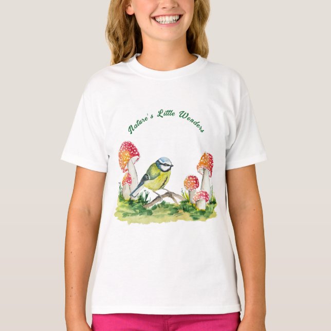 Blue Tit and Fly Agaric in a Forest Clearing T Shirt (Framsida)