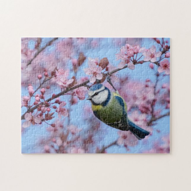 Blue Tit Bird i Rosa Japanska Cherry-Blommar Pussel (Horisontell)