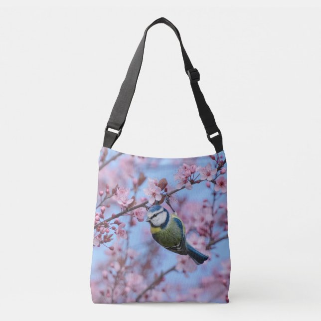 Blue Tit Bird i Rosa Japanska Cherry Blommar T Axelväska (Framsida)