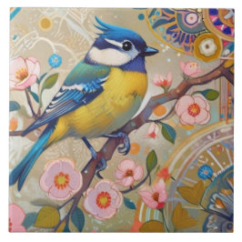 Blue Tit Bird med Rosa Blommigt Vår blommor Kakelplatta