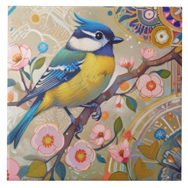 Blue Tit Bird med Rosa Blommigt Vår blommor Kakelplatta (Framsidan)