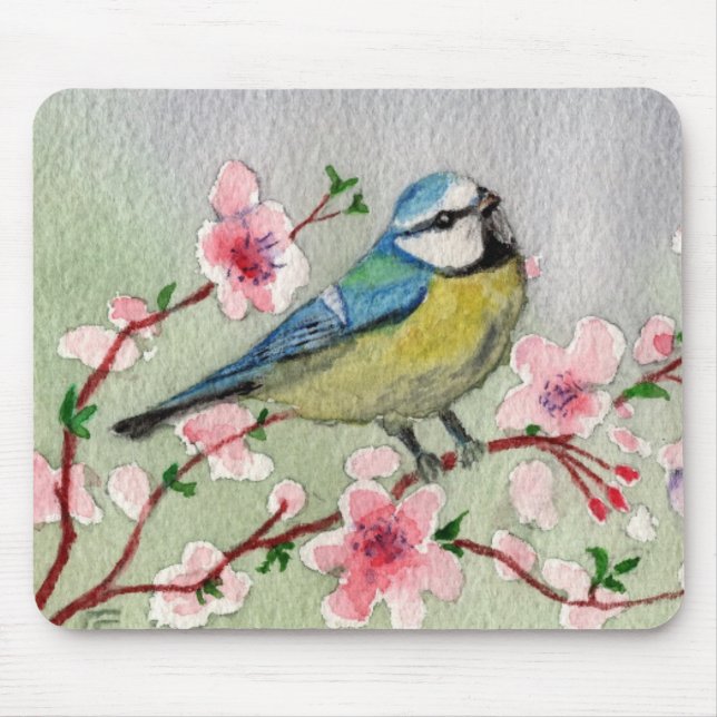 Blue Tit Bird on Cherry Blommar Träd Musmatta (Framsidan)