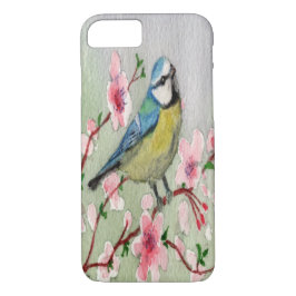 Blue Tit Bird on Cherry Blommar Träd Watercolor