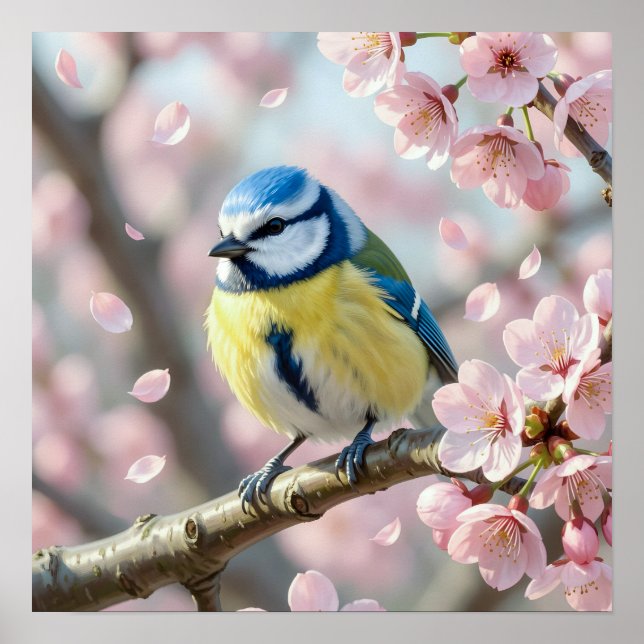  Blue Tit Bird on Cherry Blossom Tree Spring Poster (Framsidan)
