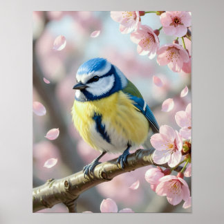  Blue Tit Bird on Cherry Blossom Tree Spring Poster