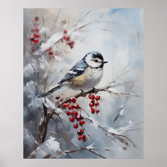 Blue Tit Bird on Snowy Berries Winter Art Poster (Framsidan)