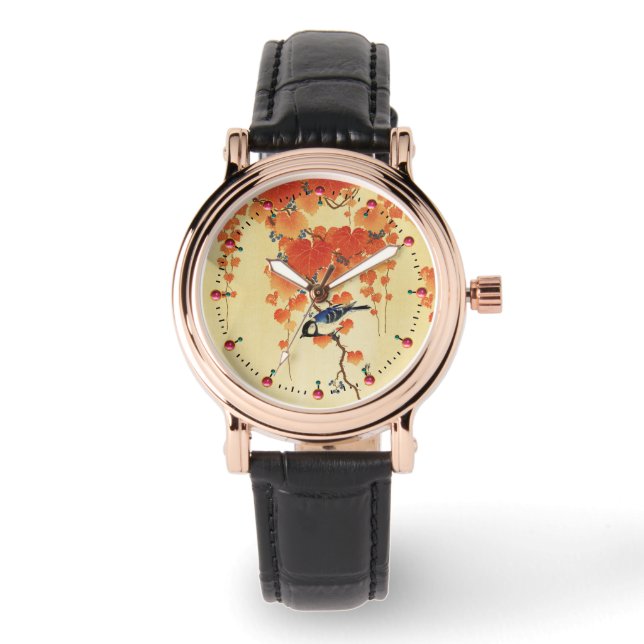 Blue Tit Bird,Paulownia Gren,Red Höst löv Armbandsur (Framsida)