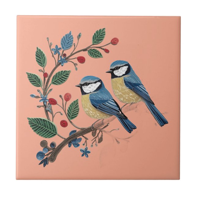 Blue tit birds on a vine Quilling design  Kakelplatta (Framsidan)