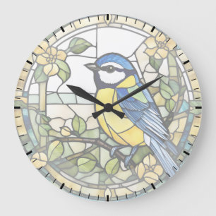 Blue Tit Faux-målat glas Bluetit Bird Clock Stor Klocka