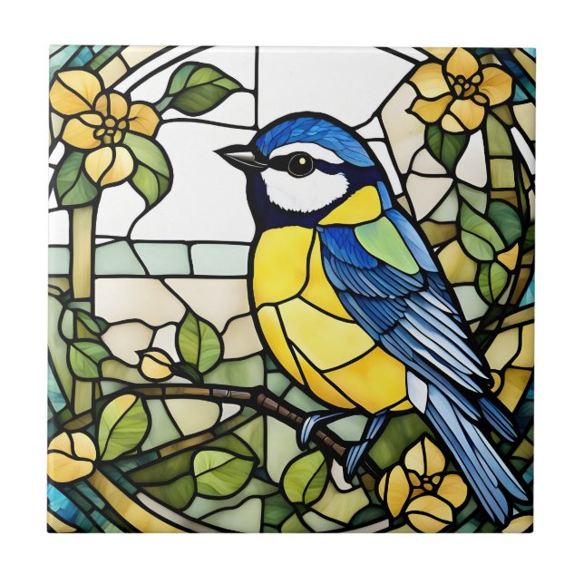 Blue Tit Faux Stached Glass Bluetit Bird Kakelplatta (Framsidan)