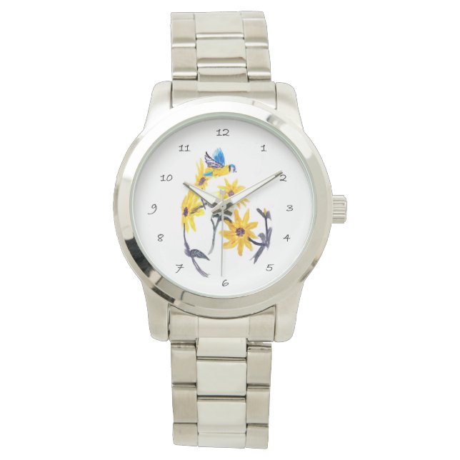 Blue Tit Gult Sunwers, Blommigt Armbandsur (Framsida)