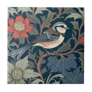 Blue Tit William Morris stil-Höger mot Bird Kakelplatta