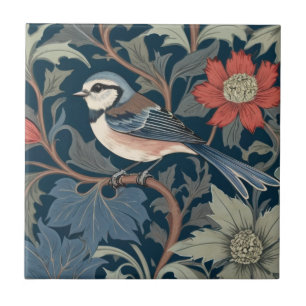 Blue Tit William Morris stil Lämnat mot Bird Kakelplatta