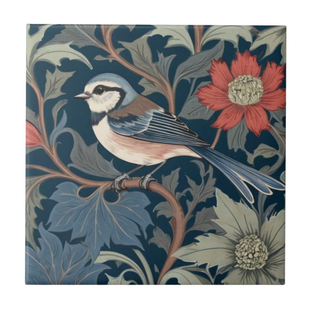 Blue Tit William Morris stil Lämnat mot Bird Kakelplatta (Framsidan)