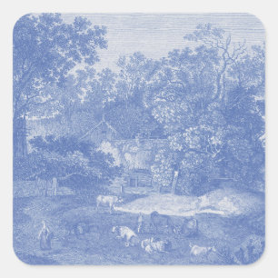 Blue Toil de Jouy Fransk Land Shabby Elegance Fyrkantigt Klistermärke