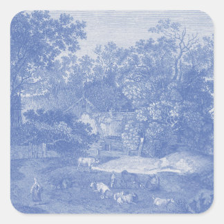 Blue Toil de Jouy Fransk Land Shabby Elegance Fyrkantigt Klistermärke