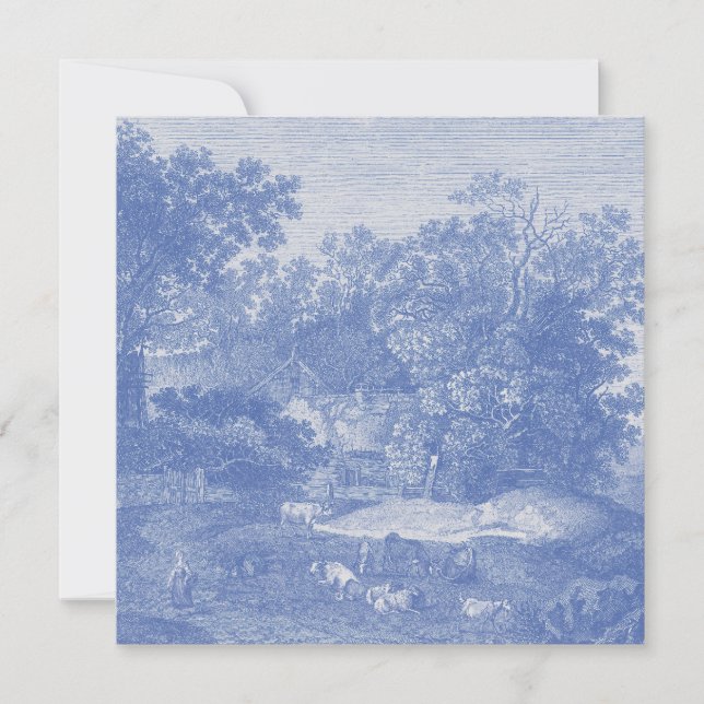 Blue Toil de Jouy Fransk Land Shabby Elegance Inbjudningar (Framsida)
