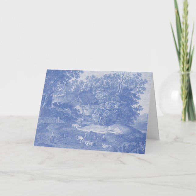 Blue Toil de Jouy Fransk Land Shabby Elegance Kort (Framsida)