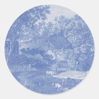 Blue Toil de Jouy Fransk Land Shabby Elegance Runt Klistermärke