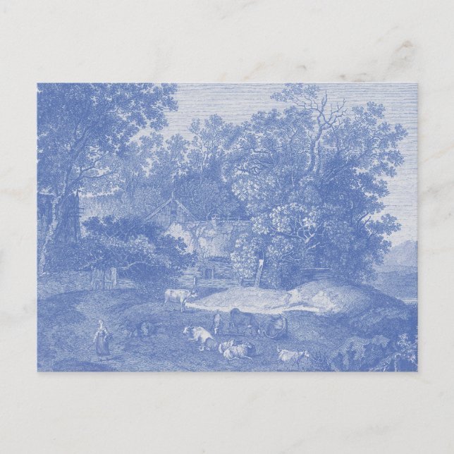 Blue Toil de Jouy Fransk Land Shabby Elegance Vykort (Framsida)