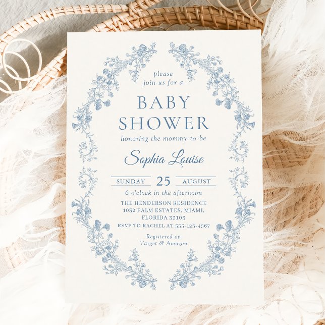 Blue Toile Blommigt Chinoiserie Baby Shower Inbjudningar (Skapare uppladdad)