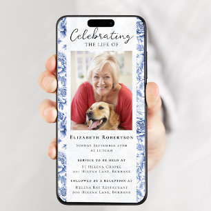 Blue Toile Blommigt Photo Funeral Digital Evite Inbjudningar