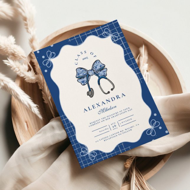 Blue Toile Bow Nurse School Grad Inbjudningar (Skapare uppladdad)