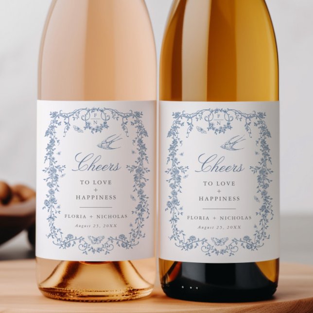 Blue Toile Bröllop Vin Flaska etikett Chinoiserie (Skapare uppladdad)