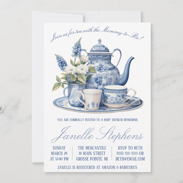 Blue Toile China, Viktorian Tea Party Baby Shower Inbjudningar (Framsida)