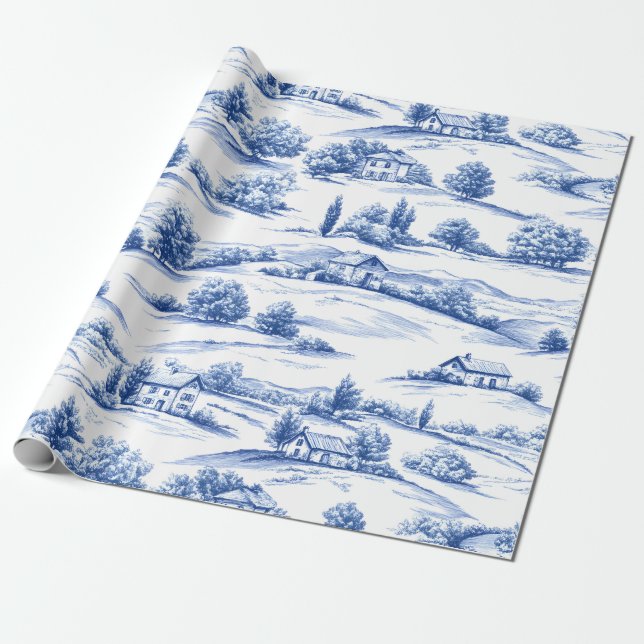 Blue Toile Countryside Scene (5) Presentpapper (Utrullad)