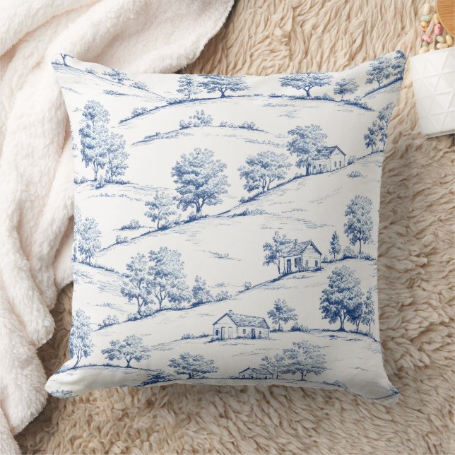 Blue Toile Countryside Scene (7) Kudde (Filt)