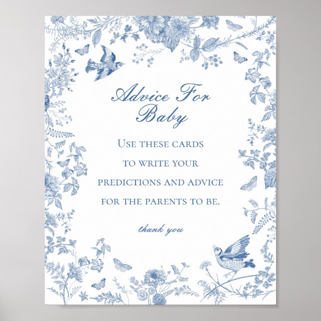 Blue Toile de Jouy Advice for Baby Shower Game Poster (Framsidan)