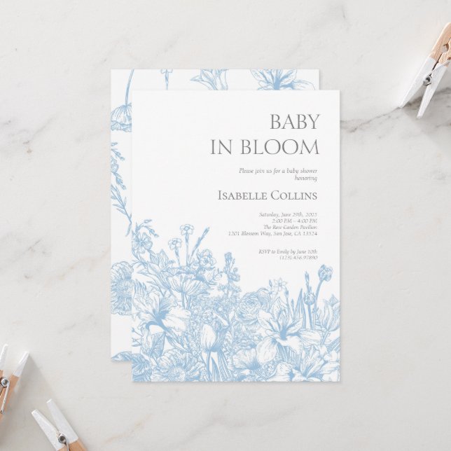 Blue Toile de Jouy Baby in Bloom Baby Shower2 Inbjudningar (Fram/Back In Situ)